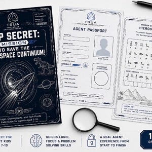 May include: A dark blue activity book titled Top Secret: Mission to Save the Time-Space Continuum, featuring a rocket and dinosaur graphic. Beside it are two white pages: an Agent Passport and a Hieroglyph Code mission sheet with a black pen and magnifying glass.