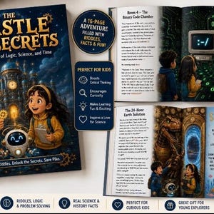 Może przedstawiać: Książka The Castle of Secrets ma ciemnoniebieską okładkę z dwojgiem dzieci i małym robotem. Wewnątrz znajdują się strony przedstawiające komnatę kodu binarnego z ekranem komputera oraz scenę z dinozaurem i sekcję z łamigłówkami.