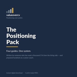 Op de afbeelding: Een donkerblauwe digitale productomslag getiteld The Positioning Pack met een staafdiagramlogo en de tekst valueovercv Positioning over polish. Het bevat de ondertitel Four guides. One system. en een beschrijving.