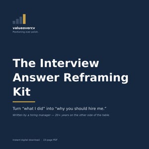 Peut inclure: Un document numérique bleu foncé intitulé The Interview Answer Reframing Kit. Il présente le logo valueovercv, le slogan Positioning over polish, et le texte Turn what I did into why you should hire me, ainsi que 20+ years on the other side.