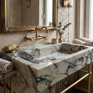 Marble Sink: Calacatta Viola, Rectangular - Handcarved Stone Basin