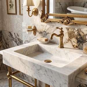 White Marble Vessel Sink: Rectangular Sculpted Basin with Angled Edges