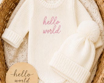 Knitted Hello World Romper and Hat Set | Neutral Baby Outfit, Newborn Gift