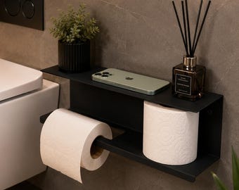 Wandgemonteerde toiletpapierhouder met plankje, moderne metalen badkamerorganizer