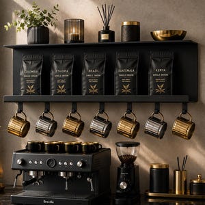 Metal Coffee Bar Shelf with Mug Hooks – Wall Mounted Coffee Station Organizer