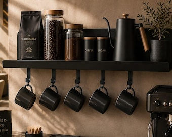 Wandgemonteerd mokkenrek met plank – Metalen koffiebar organizer met haken Keukenopbergrek