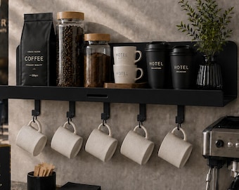 Metalen koffieplank met mokkenhaken – Keukenorganizer voor aan de muur