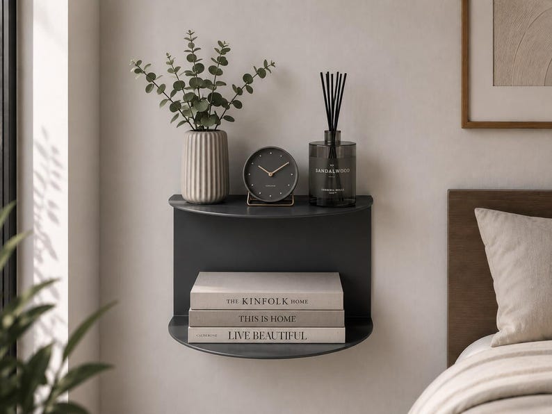 May include: A dark gray, semi-circular wall-mounted shelf holding a ribbed vase with greenery, a round analog clock, and a glass reed diffuser. Below, three stacked books titled The Kinfolk Home, This Is Home, and Live Beautiful are displayed.