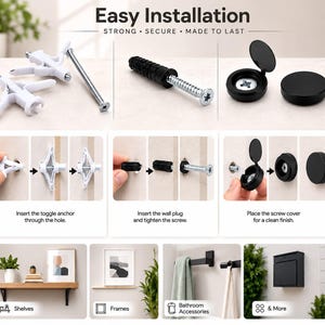 May include: Installation hardware set including white toggle anchors, black wall plugs, silver screws, and black screw covers. The image displays step-by-step instructions for mounting shelves, frames, bathroom accessories, and mailboxes.