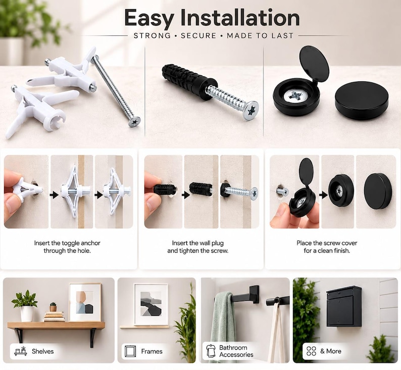 May include: Installation hardware set including white toggle anchors, black wall plugs, silver screws, and black screw covers. The image displays step-by-step instructions for mounting shelves, frames, bathroom accessories, and mailboxes.