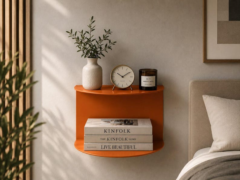 May include: A semi-circular orange wall-mounted shelf holding a white vase with greenery, a round analog clock, and a dark candle. The lower shelf displays three stacked books titled Kinfolk, The Kinfolk Home, and Live Beautiful.