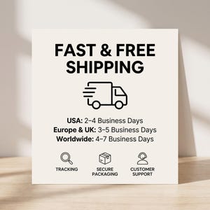 May include: A square white informational sign with black text reading FAST & FREE SHIPPING, a truck icon, and delivery timeframes for the USA, Europe, UK, and worldwide. Below are three icons labeled TRACKING, SECURE PACKAGING, and CUSTOMER SUPPORT.