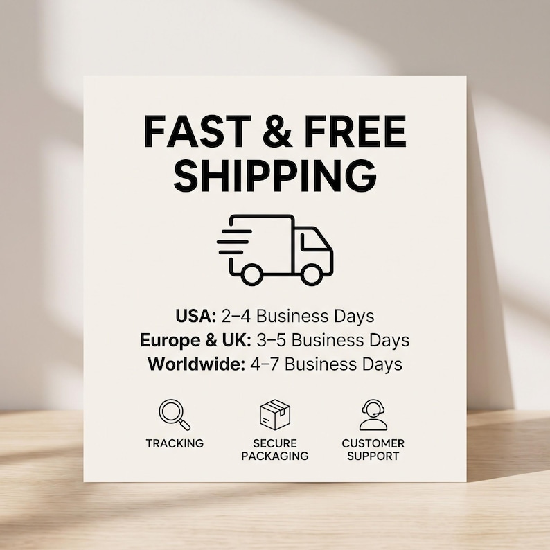 May include: A square white informational sign with black text reading FAST & FREE SHIPPING, a truck icon, and delivery timeframes for the USA, Europe, UK, and worldwide. Below are three icons labeled TRACKING, SECURE PACKAGING, and CUSTOMER SUPPORT.