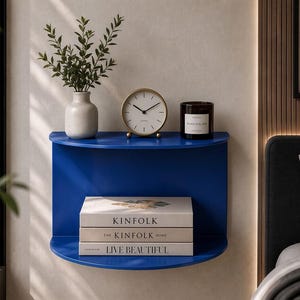 May include: A semi-circular blue wall-mounted shelf featuring two tiers. The top tier holds a white vase with greenery, a round gold-rimmed analog clock, and a dark glass candle. The bottom tier holds three stacked books titled KINFOLK, THE KINFOLK HOME, and LIVE BEAUTIFUL.