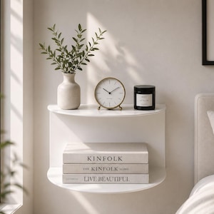 May include: A white semi-circular wall-mounted shelf featuring two tiers. The top tier holds a beige vase with green foliage, a round gold-rimmed analog clock, and a black candle. The bottom tier holds three stacked books titled KINFOLK, THE KINFOLK HOME, and LIVE BEAUTIFUL.