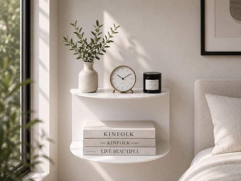 May include: A white semi-circular wall-mounted shelf featuring two tiers. The top tier holds a beige vase with green foliage, a round gold-rimmed analog clock, and a black candle. The bottom tier holds three stacked books titled KINFOLK, THE KINFOLK HOME, and LIVE BEAUTIFUL.