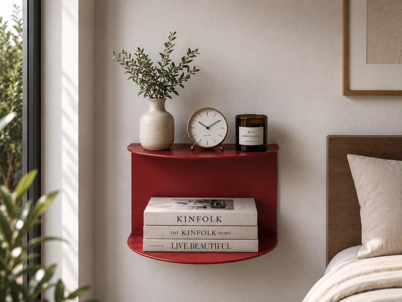 May include: A semi-circular wall-mounted shelf in a deep red finish. The top surface holds a beige ceramic vase with green foliage, a round gold-rimmed analog clock, and a dark glass candle. Three stacked books titled KINFOLK, THE KINFOLK HOME, and LIVE BEAUTIFUL sit on the lower shelf.