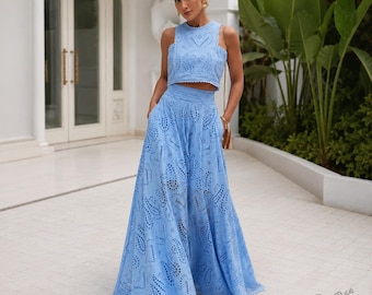Eyelet Lace Two Piece Set Crop Top Maxi Skirt Summer Wedding Guest Vacation Outfit