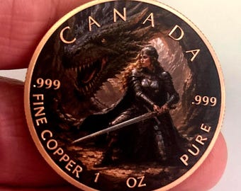 Medieval Lady Dragon Slayer .999 Copper Challenge Coin