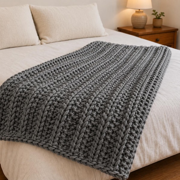 Chunky Ribbed Crochet Blanket Pattern | Super Bulky Yarn Throw (PDF)