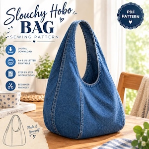 Patrón de costura para bolso en PDF / Patrón de bolso hobo digital para descargar / Patrón de bolso tote / Bolso vaquero reciclado / Patrón de bolso de hombro en PDF
