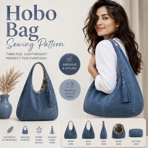 Puede incluir: Un patrón de costura para bolso hobo que presenta un bolso de mezclilla azul con forro interior floral y una borla. La imagen muestra el bolso desde múltiples ángulos, incluyendo vistas frontal, trasera, lateral, interior y de la base inferior.