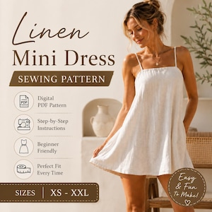 Könnte beinhalten: Ein digitales Schnittmuster für ein weißes Leinen-Minikleid mit dünnen Trägern. Der Text lautet: Linen Mini Dress, SEWING PATTERN, Digital PDF Pattern, Step-by-Step Instructions, Beginner Friendly, Perfect Fit Every Time, SIZES XS - XXL, Easy & Fun to Make!