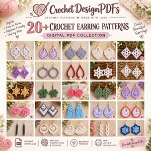 May include: A digital PDF collection titled Crochet DesignPDFs featuring 20+ crochet earring patterns. The image displays a grid of 25 numbered pairs of crocheted earrings in various shapes, colours, and styles, including floral, geometric, and tassel designs.