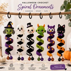 May include: Six handmade crochet spiral ornaments hanging from a branch, featuring a witch, ghost, skull, monster, owl, and cat. Each ornament has a character head and a long, colorful spiral body decorated with patterns and two small jingle bells.
