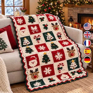 Christmas Granny Square Blanket, Handmade Crochet Throw, Santa Reindeer Snowflake Tree Motifs, Cozy Holiday Afghan, Christmas Gift ( PDF )