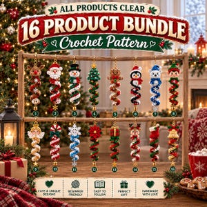 May include: A 16 product bundle crochet pattern set featuring hanging ornaments including a reindeer, Santa, snowman, Christmas tree, gingerbread person, penguin, polar bear, elf, angel, candy cane, snowflake, poinsettia, gift, and bell.