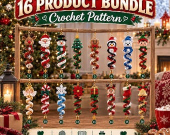 May include: A 16 product bundle crochet pattern set featuring hanging ornaments including a reindeer, Santa, snowman, Christmas tree, gingerbread person, penguin, polar bear, elf, angel, candy cane, snowflake, poinsettia, gift, and bell.