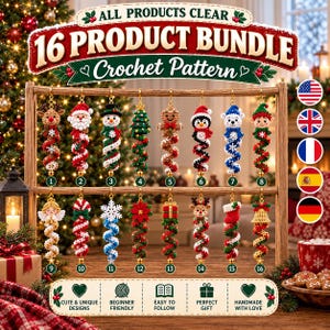 Lot de 16 modèles de décorations de Noël en spirale au crochet (PDF), modèle de bonhomme de neige au crochet, Père Noël au crochet, décorations de Noël amigurumi à suspendre