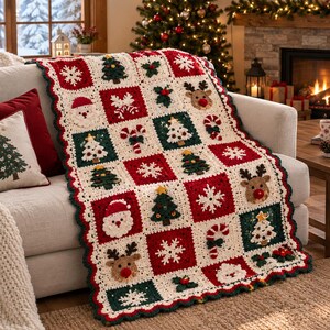 May include: A rectangular crochet blanket featuring a grid of alternating red, dark green, and cream squares. The squares are decorated with appliqued Christmas motifs including Santa Claus faces, reindeer, pine trees, snowflakes, and candy canes.