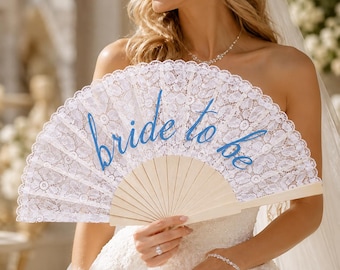 xo, Fetti White Lace Bride to Be Folding Fan | Bridal Something Blue, Wedding Accessory, Bridesmaid Gift, Embroidered Bachelorette Outfit