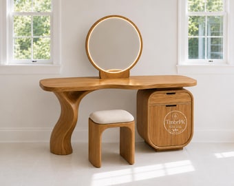 Tocador de lujo de madera maciza con base curva, armario de almacenamiento y espejo.
