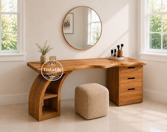Tocador de madera maciza con base curva artística y tablero de borde natural.