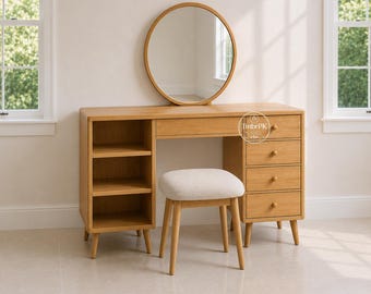 Mid-Century Solid Wood Dressing Table with Open Shelves and Storage Drawers
