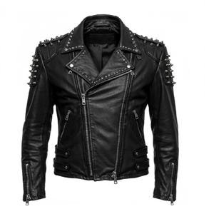 May include: A black leather jacket featuring silver-toned metal spikes on the shoulders and lapels. The jacket includes an asymmetrical front zipper, multiple zippered pockets, zippered cuffs, and adjustable side straps with metal snap buttons.