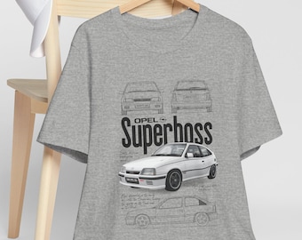 Opel Superboss Car T-shirt | Vintage Hatchback Technical Sketch