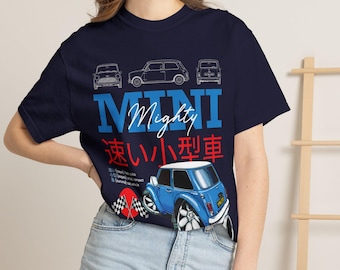 Mighty Mini Cooper Car T-shirt | Blue Retro Cartoon Car, Japanese Text