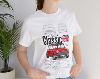 Classic Mini Cooper Graphic T-Shirt | British Flag, Vintage Car Drawing