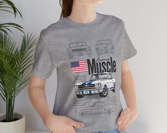 American Muscle Car Tee | Classic Mustang Illustration, Flag, Automotive Sketch