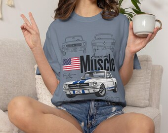 American Muscle Car T-shirt | Vintage Mustang Illustration, Flag, Blueprint