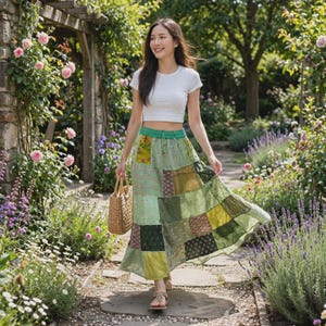 Green Patchwork Maxi Skirt | Boho Hippie Long Skirt | Elastic Waist 24-46\" | Vintage Gypsy Patchwork Skirt | Festival Bohemian (C13)