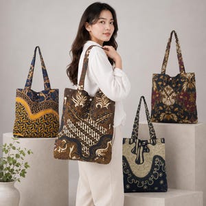 Set of 4 Cotton Batik Tote Bags | Thai Inspired Shoulder Travel Totes (Gift Box)