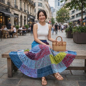 Blue Green Patchwork Long Skirt | Boho Hippie Maxi Skirt | Elastic Waist Plus Size | Festival Summer Patchwork Skirt (C16)