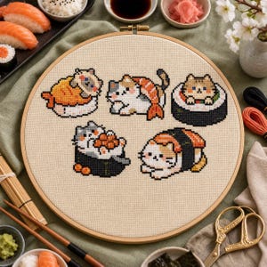 Sushi Cat Cross Stitch Pattern Bundle, Kawaii Japanese Food, Beginner PDF image 3