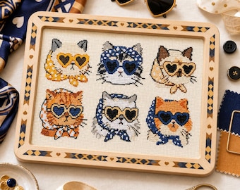 Cats in Heart Sunglasses Cross Stitch Pattern, Six Funny Kitty PDF Chart (Digital Download)
