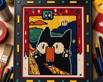 Funny Black Cat Cross Stitch Pattern, Quirky Pop Art Cat PDF Download